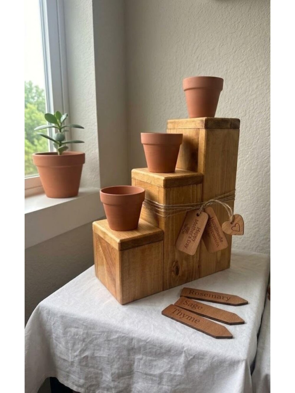 Vertical Mother’s Day Herb Garden Gift Set - Handmade Pine 3-Tier Step Stand